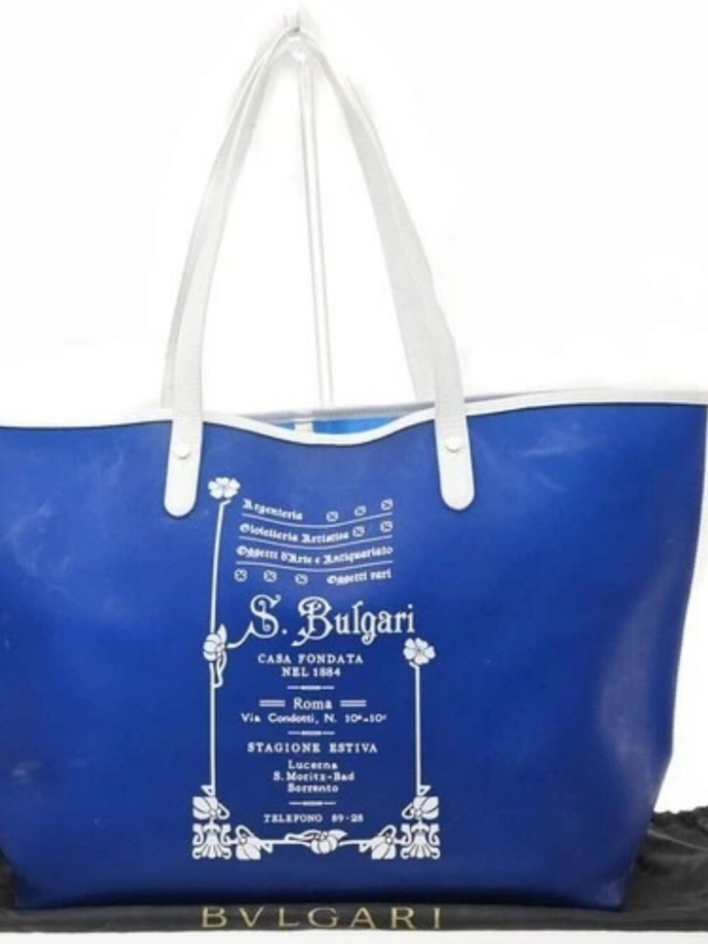 BVLGARI Logo Collezione Shoulder Tote Bag Rubber Leather Blue White GHW 09MA752